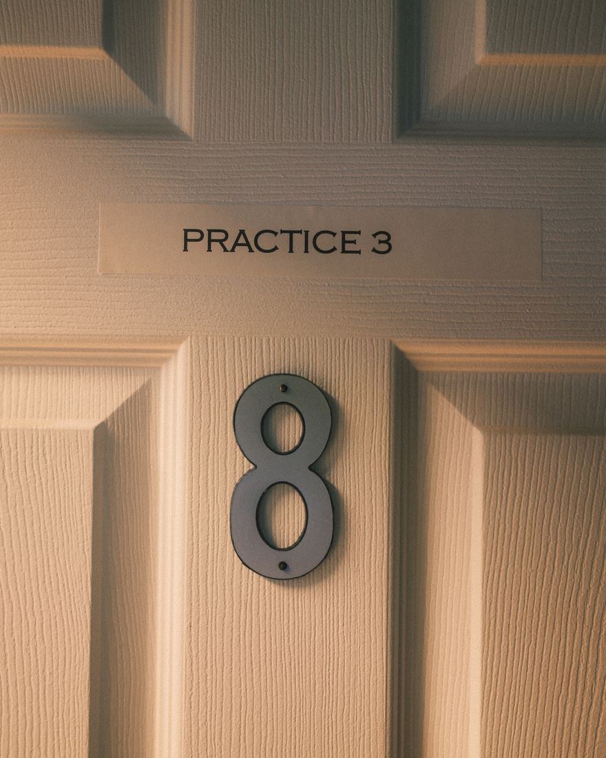 Practice room door marked 8